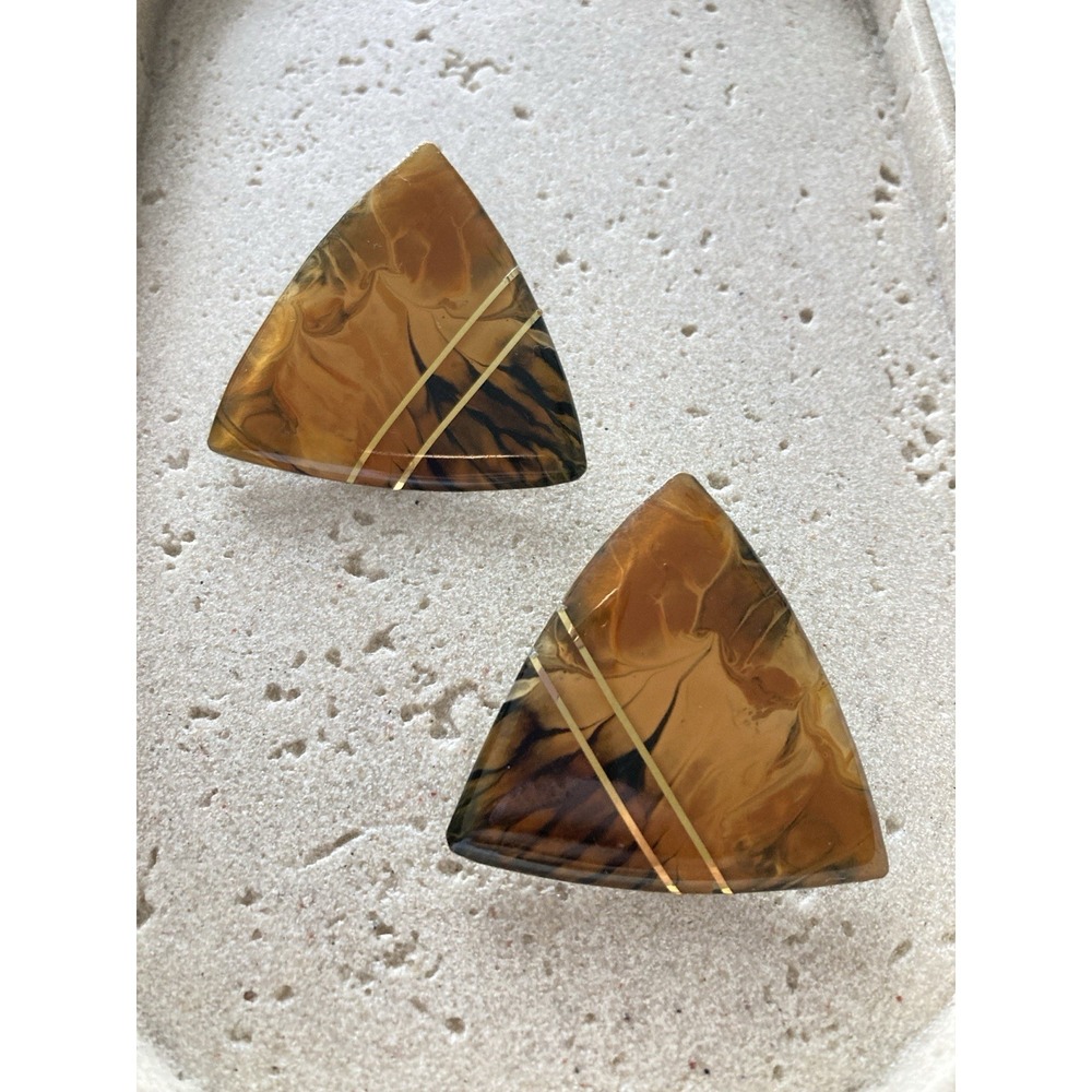 Vintage Bold Triangle Earrings Gold Stripe Statement Hand Painted Artsy Earthy